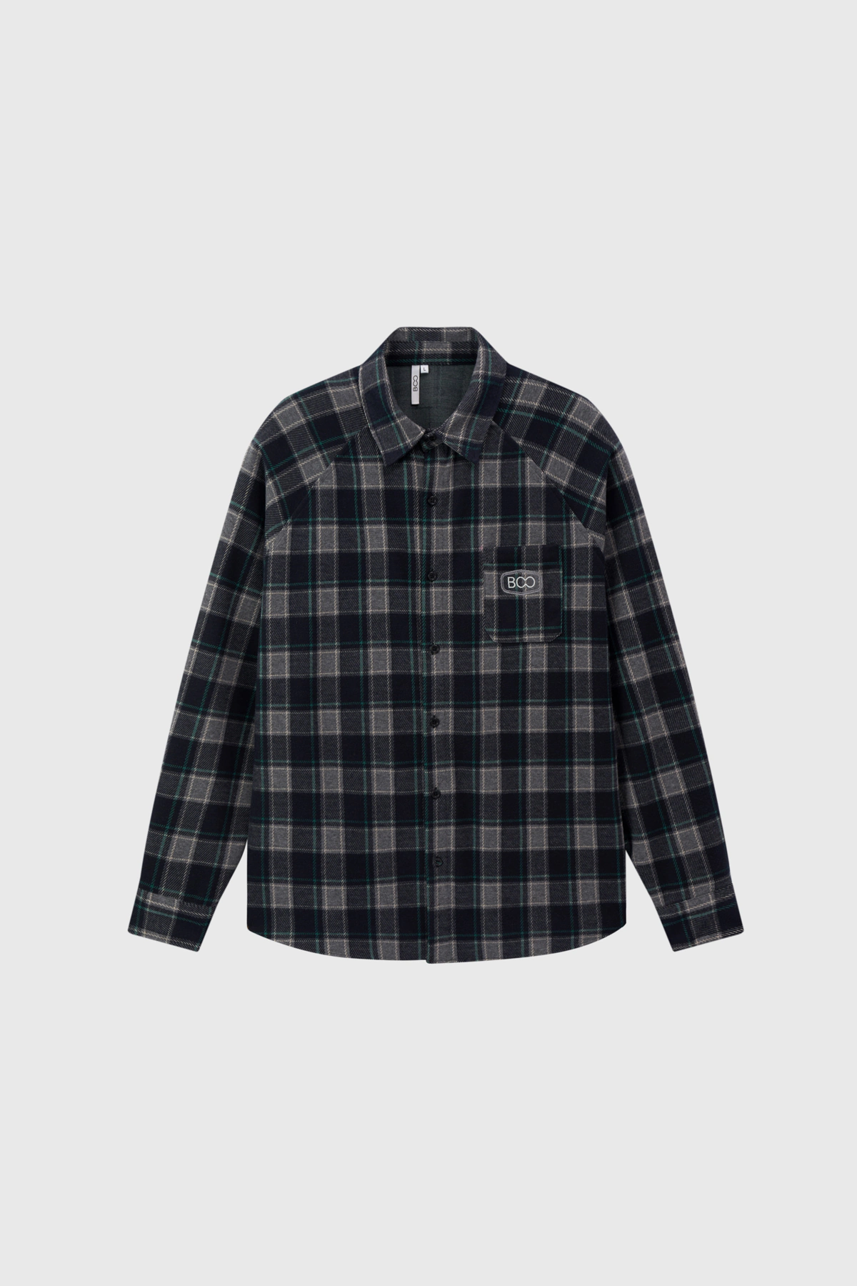 Áo sơ mi oversized raglan flannel thêu logo BOO ESS