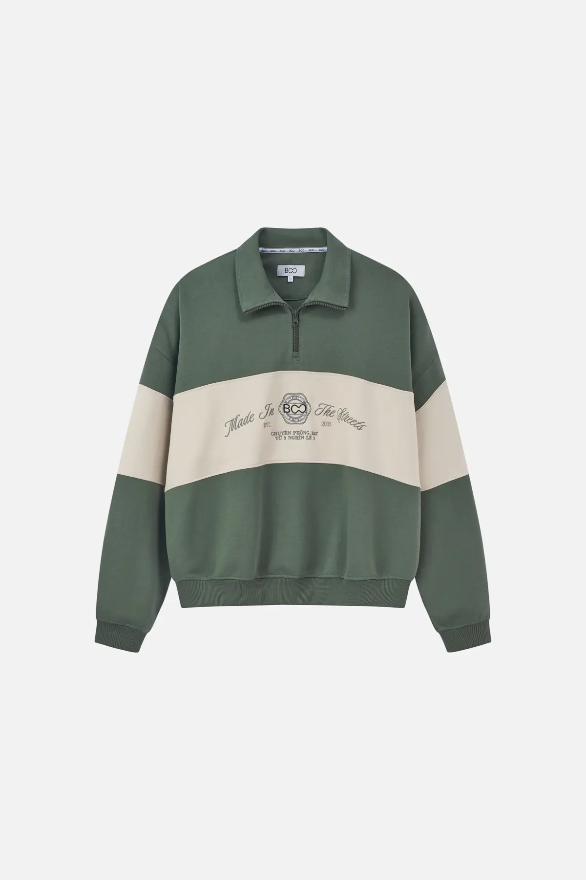 Áo nỉ không mũ over fit halfzip đáp vải ngang ESS